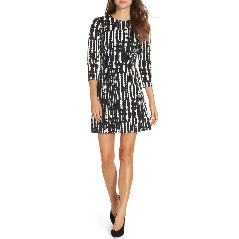 Trina Turk Leoti Black White Printed Knit A Line Flared Mini Dress Sz S Abstract